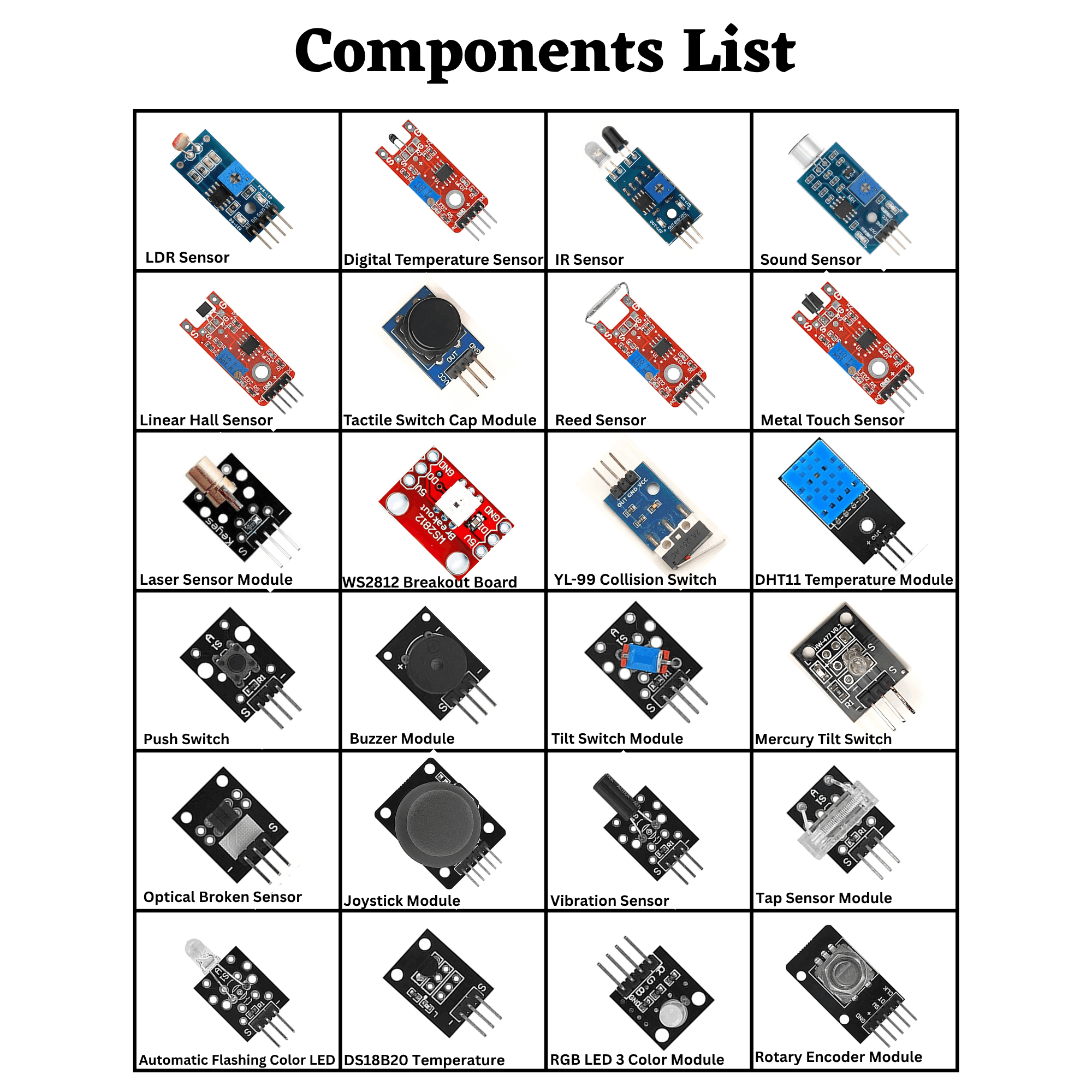 24-in-1 Sensor Module Kit Compatible with UNO, RPi, ESP32 – Includes Temperature, Light, Sound, Touch, IR, Tilt, RGB LED, Joystick, Buzzer, and More