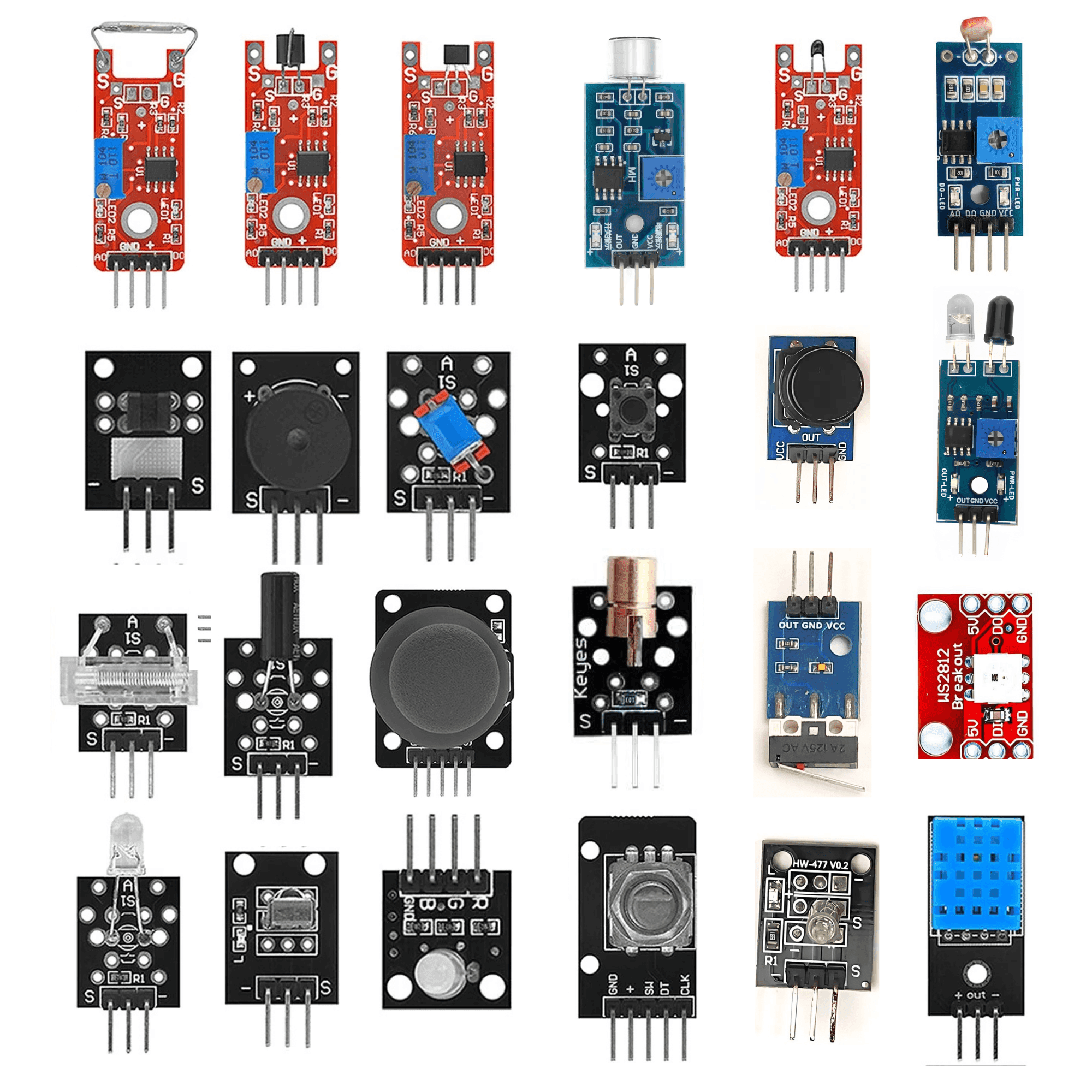 24-in-1 Sensor Module Kit Compatible with UNO, RPi, ESP32 – Includes Temperature, Light, Sound, Touch, IR, Tilt, RGB LED, Joystick, Buzzer, and More