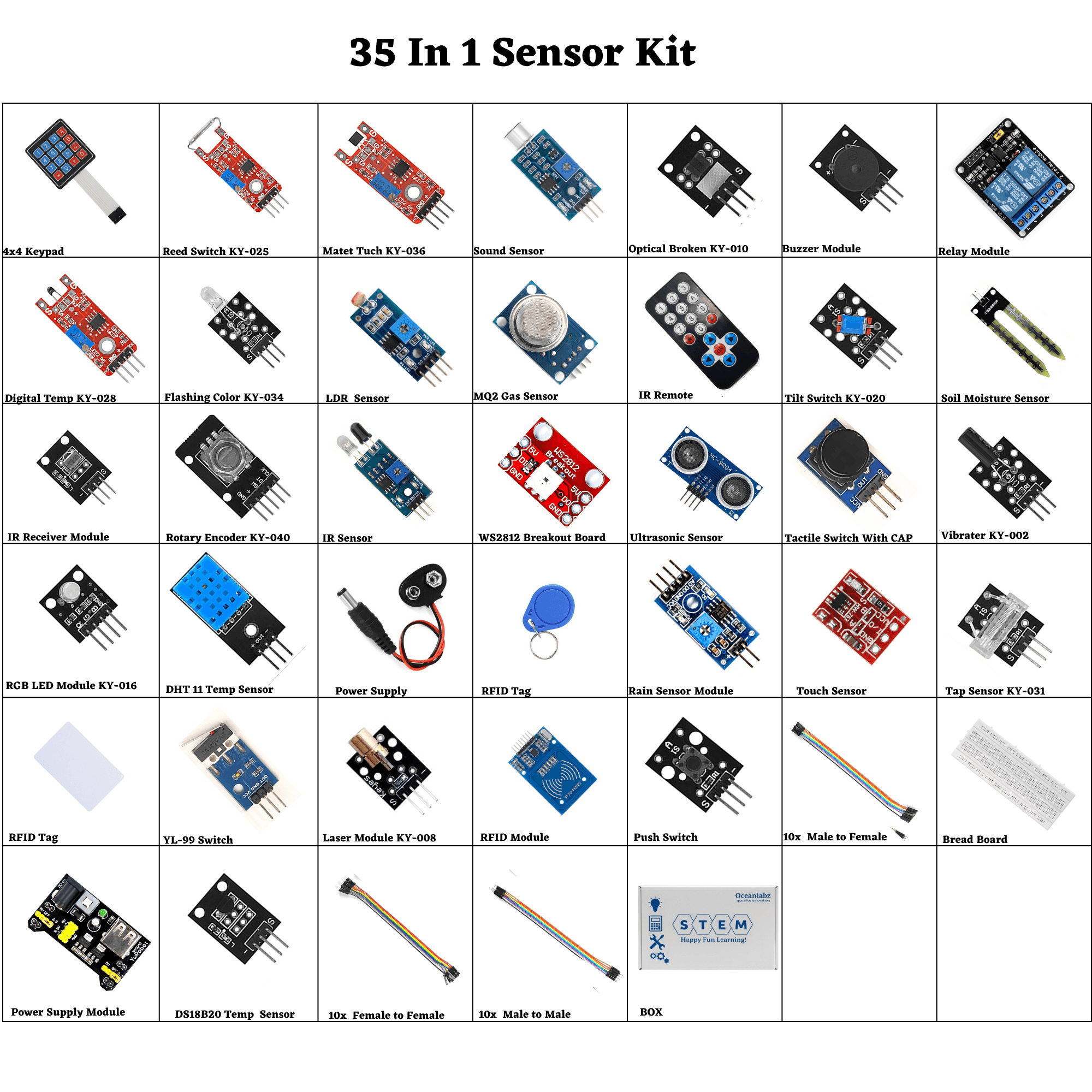 35-in-1 Sensor Module Kit Compatible with UNO, Raspberry Pi, ESP32 – Includes Temperature, Light, Sound, Touch, IR, Tilt, RGB LED, Joystick, Buzzer, and More
