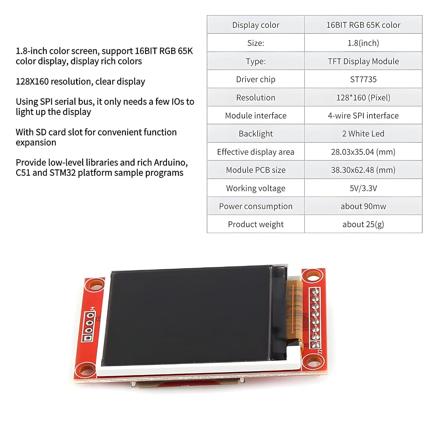 1.8 inch SPI TFT LCD Display Module TFT Display 128 x 160 with 4 IO