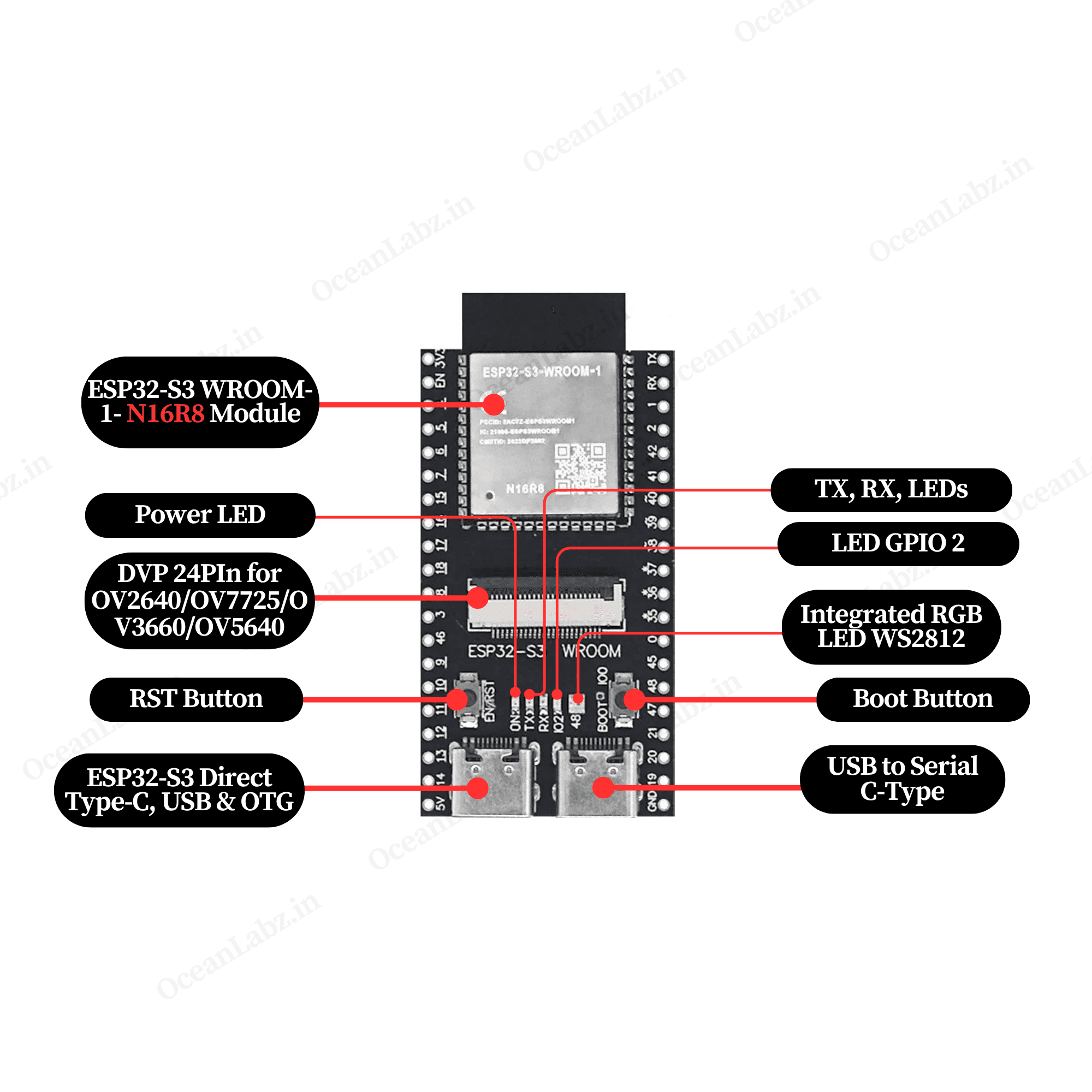 ESP32-S3 WROOM N16R8 CAM Development Board with Dual USB-C Ports | OV3660 Camera Module | 16MB Flash, 8MB PSRAM | Wi-Fi & Bluetooth | OTG USB + USB-to-Serial | Unsoldered