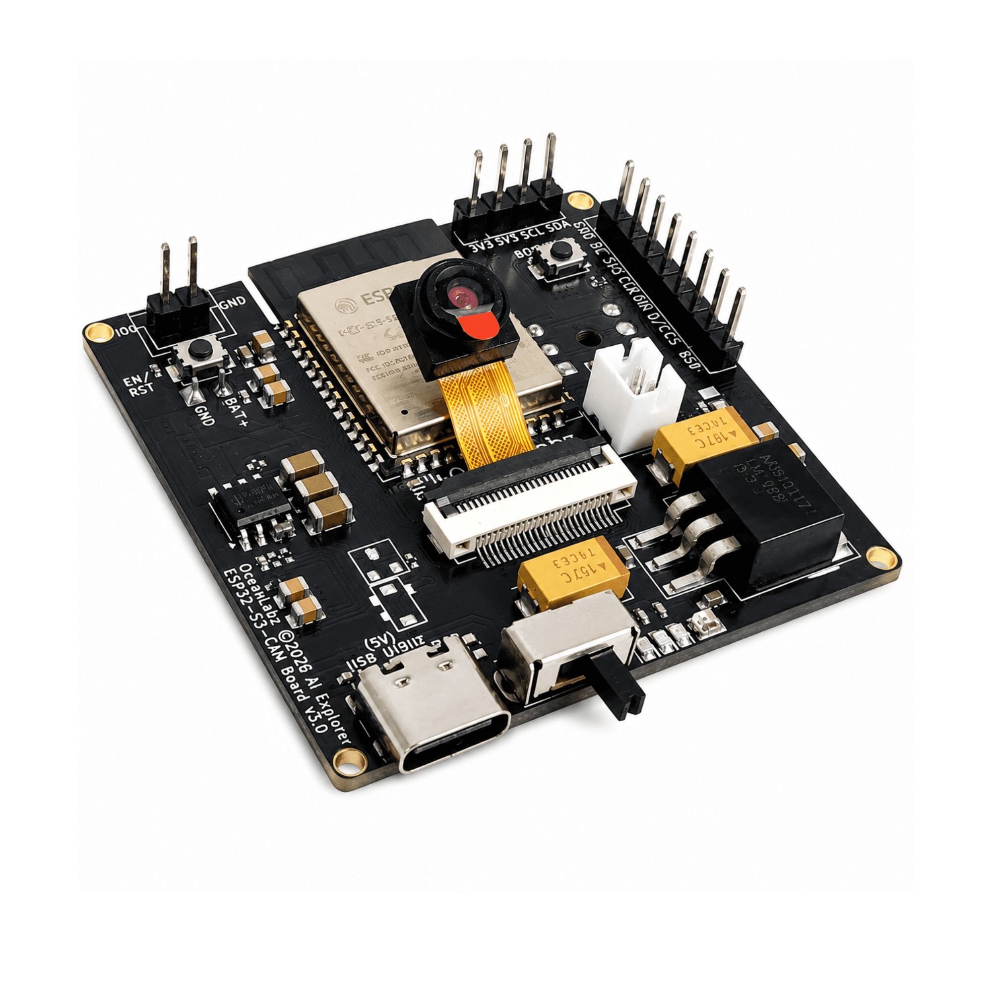 OceanLabz ESP32-S3 AI Explorer Development Board | 16MB Flash + 8MB PSRAM | WiFi + Bluetooth | OV3660 Camera, INMP441 Microphone, MAX98357A Audio, SD Card, USB Type-C | AI, IoT, Voice Assistant & Edge AI