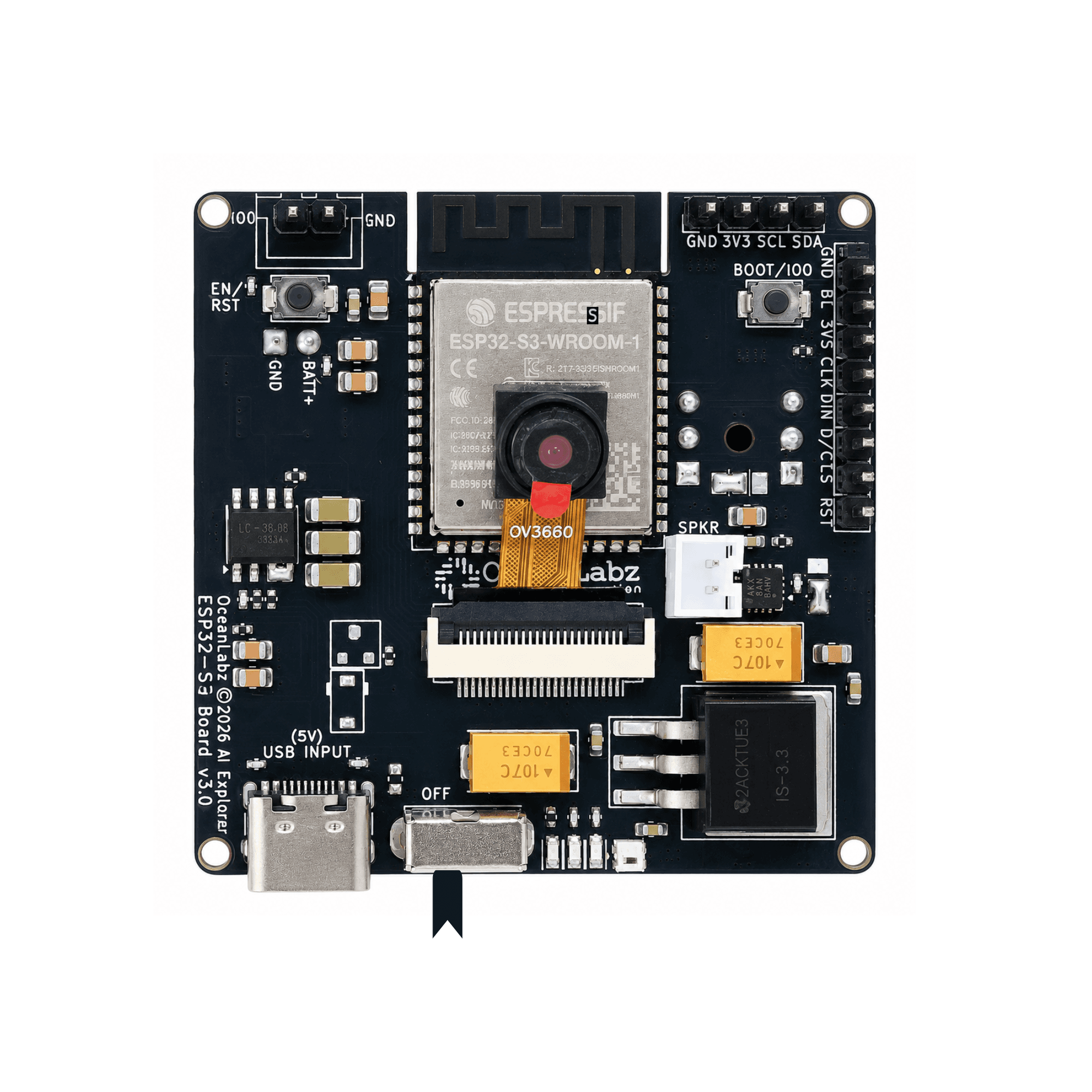 OceanLabz ESP32-S3 AI Explorer Development Board | 16MB Flash + 8MB PSRAM | WiFi + Bluetooth | OV3660 Camera, INMP441 Microphone, MAX98357A Audio, SD Card, USB Type-C | AI, IoT, Voice Assistant & Edge AI