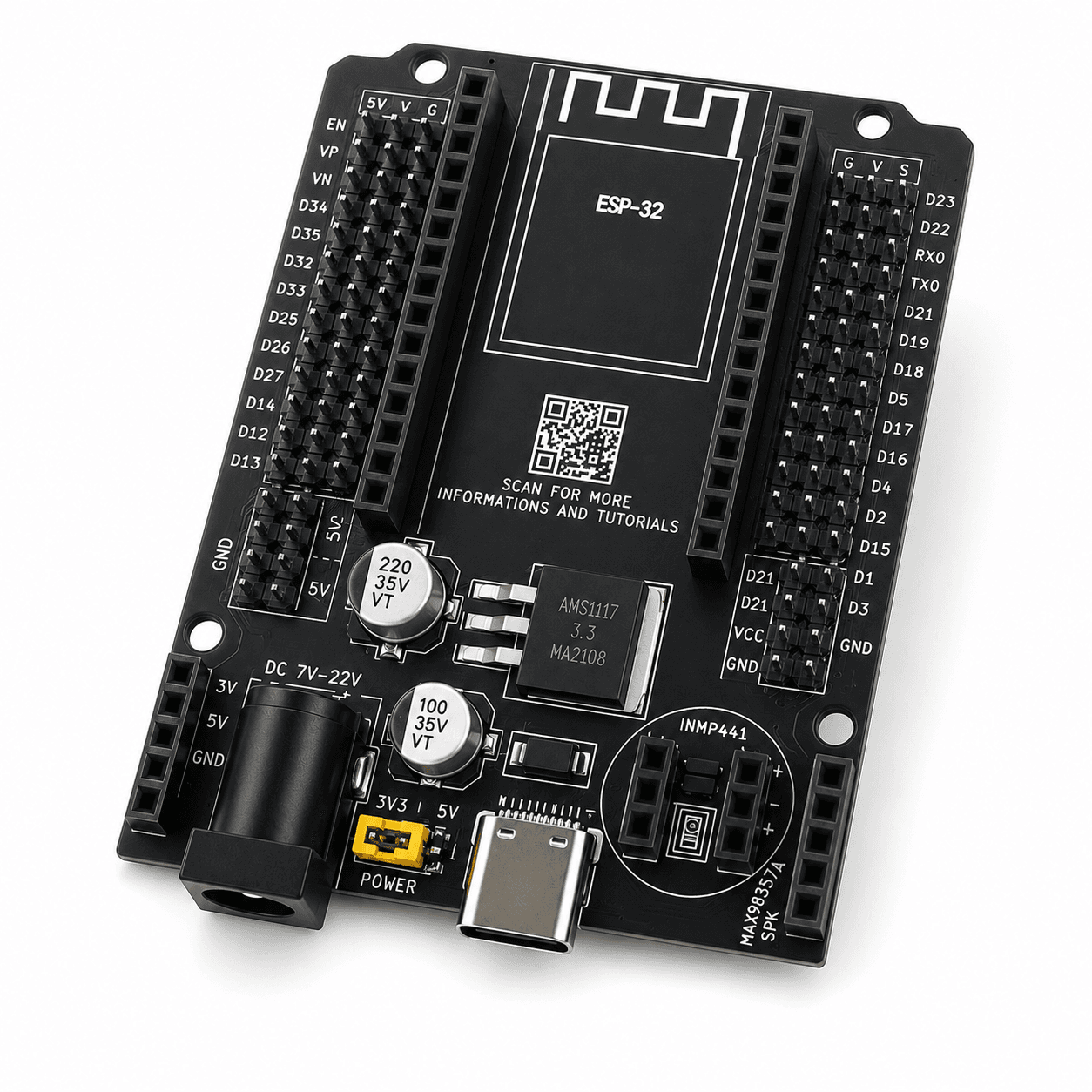 ESP32 AI Expansion Board for ESP32 WROOM-32 (30 Pins) USB Type-C | For OLED, INMP441, MAX98357A Mounting Support | No Jumper Required for OLED, INMP441, MAX98357 | AI Voice Development Board
