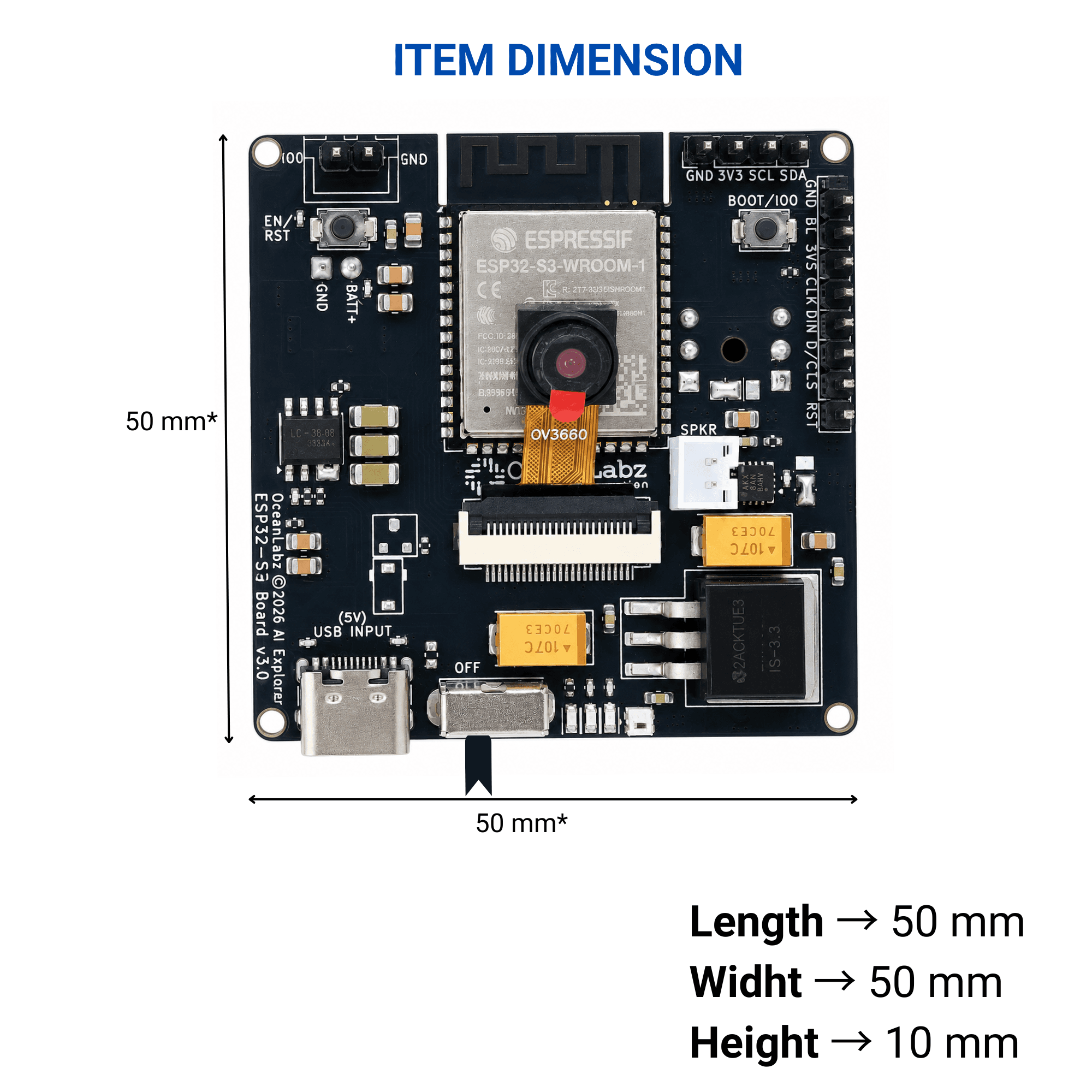 OceanLabz ESP32-S3 AI Explorer Development Board | 16MB Flash + 8MB PSRAM | WiFi + Bluetooth | OV3660 Camera, INMP441 Microphone, MAX98357A Audio, SD Card, USB Type-C | AI, IoT, Voice Assistant & Edge AI