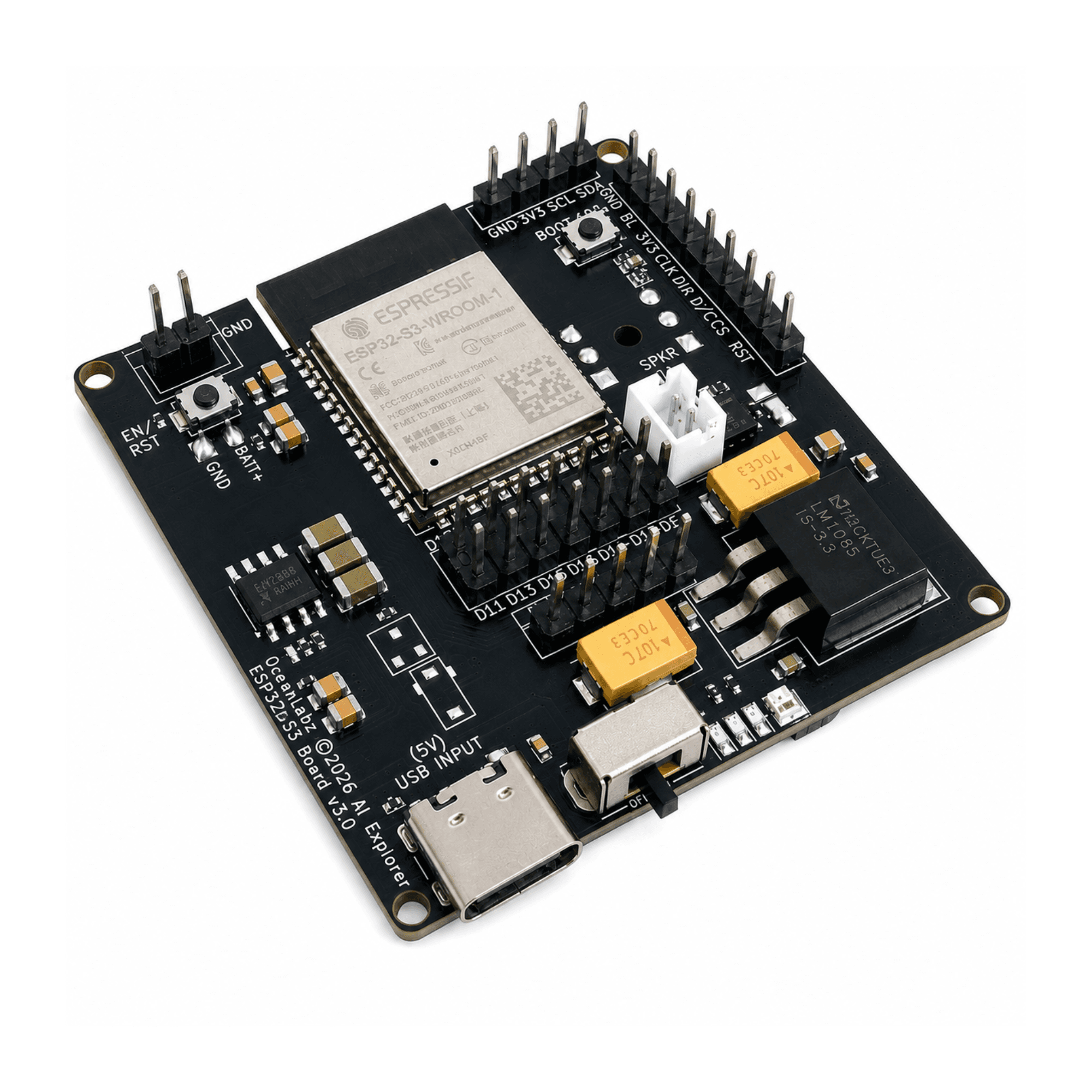 OceanLabz ESP32-S3 AI Explorer Development Board | 16MB Flash + 8MB PSRAM | WiFi + Bluetooth | INMP441 Microphone, MAX98357A Audio, SD Card, USB Type-C | AI, IoT, Voice Assistant & Edge AI